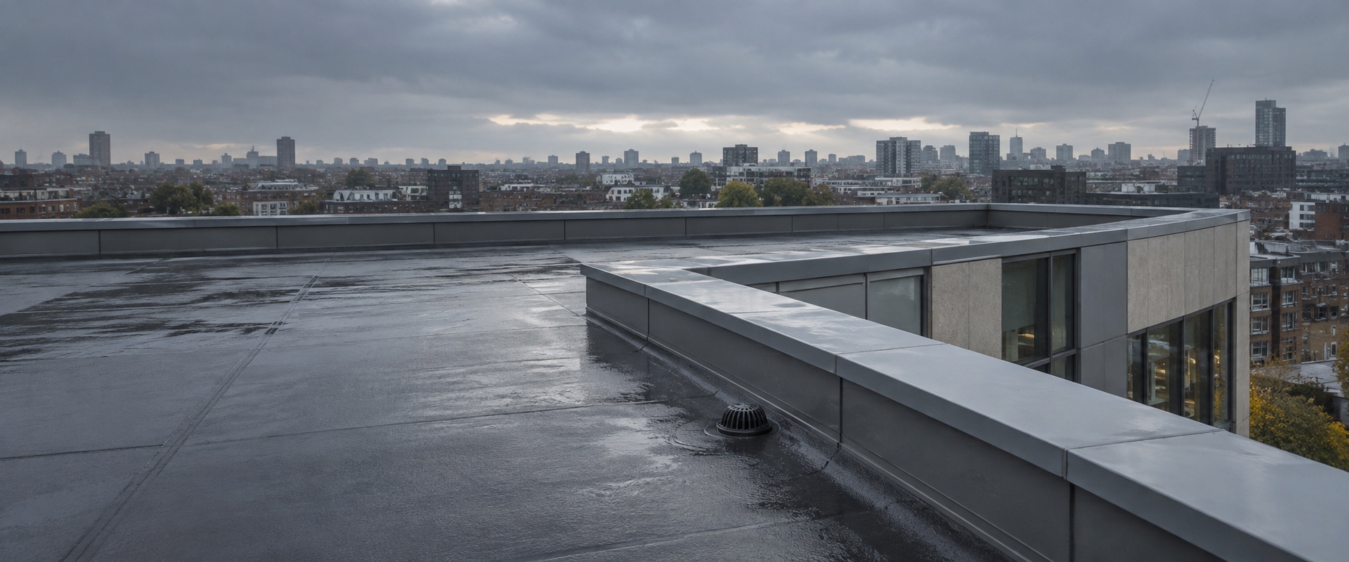 Completed flat-roof and parapet interface in an urban setting